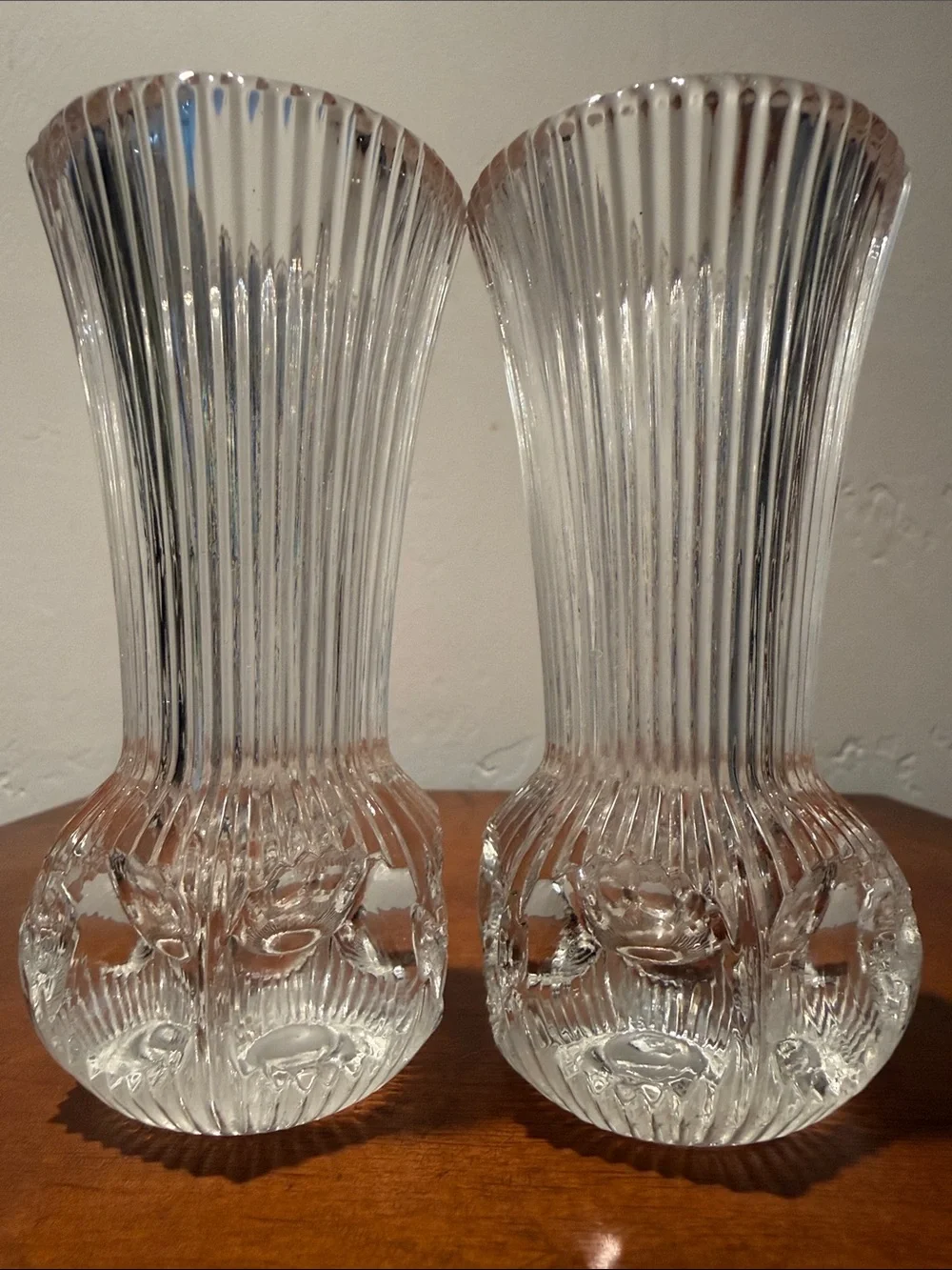 Vintage Pair Clear Glass Optic Ribbed Glass Bud Vases 4.75” Flared Trumpet